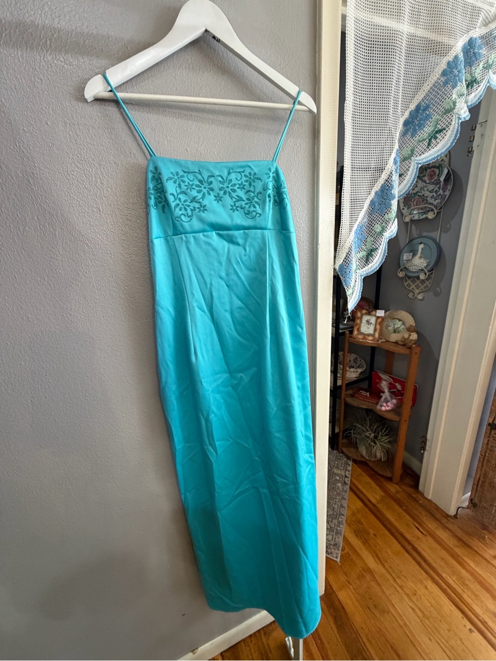 Spaghetti-Strap Turquoise Maxi Dress with Embroidered Bodice